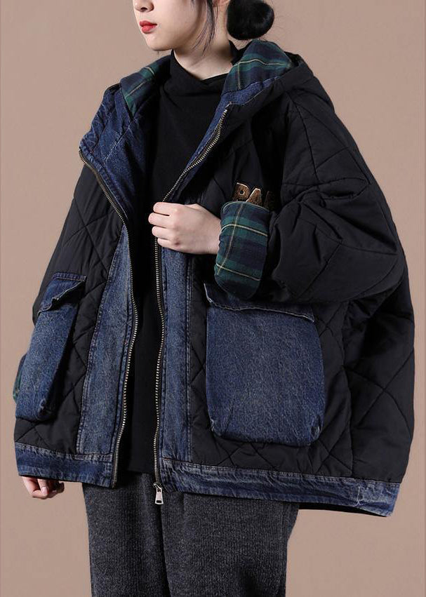 Fine Black Parkas for Loose Fitting Snow Jackets Hooded Patchwork Plaid Winter Outwear