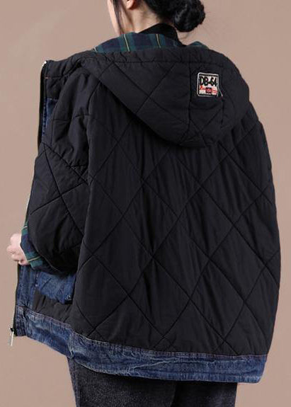 Fine Black Parkas for Loose Fitting Snow Jackets Hooded Patchwork Plaid Winter Outwear