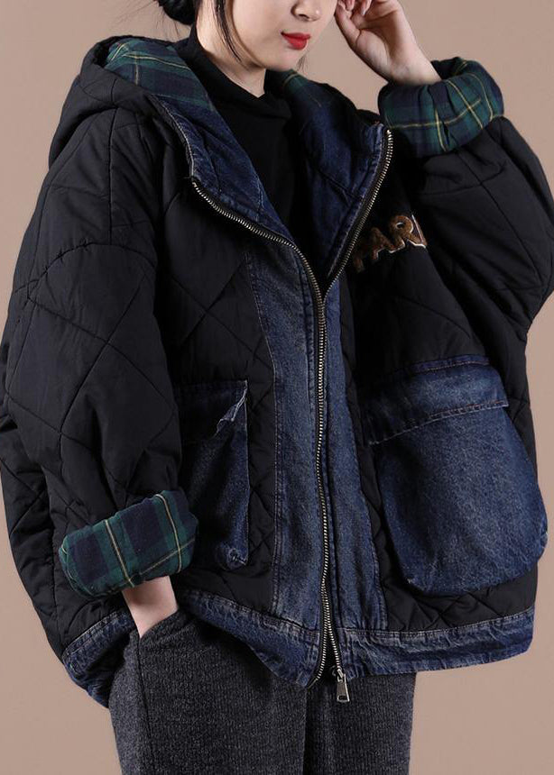 Fine Black Parkas for Loose Fitting Snow Jackets Hooded Patchwork Plaid Winter Outwear