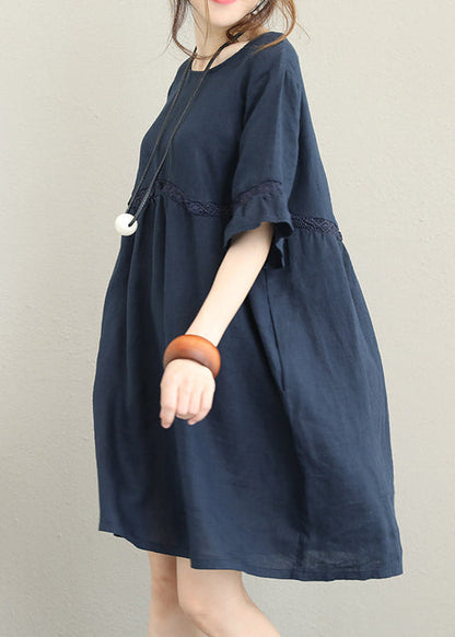 Fine Dark Blue Linen Knee Dress Oversized Linen Cotton Dress Boutique Flare Sleeve Lace Patchwork Linen Clothing Dress