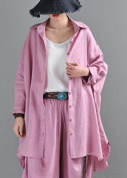 Fitted  Pink Purple side open Cotton Linen Summer Blouse Top
