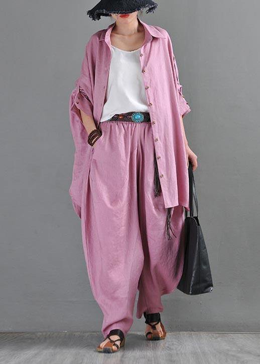 Fitted  Pink Purple side open Cotton Linen Summer Blouse Top