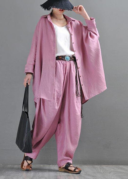 Fitted  Pink Purple side open Cotton Linen Summer Blouse Top