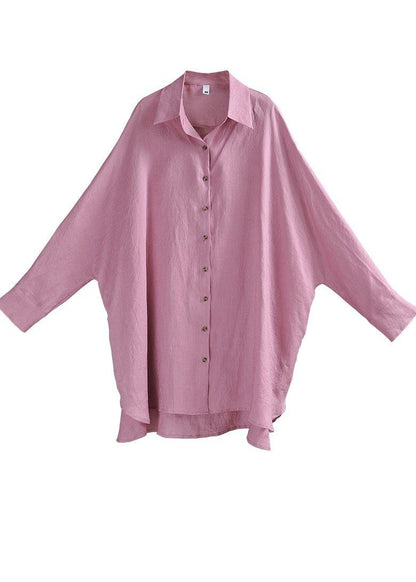 Fitted  Pink Purple side open Cotton Linen Summer Blouse Top