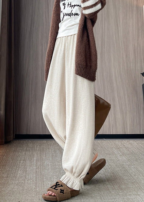 Fitted Beige Elastic Waist Knit Lantern Pants Spring
