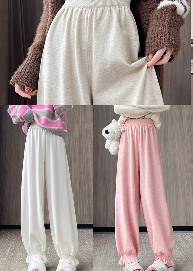 Fitted Beige Elastic Waist Knit Lantern Pants Spring