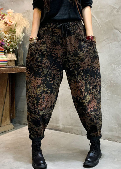 Fitted Black Cinched Print Denim Pants Winter
