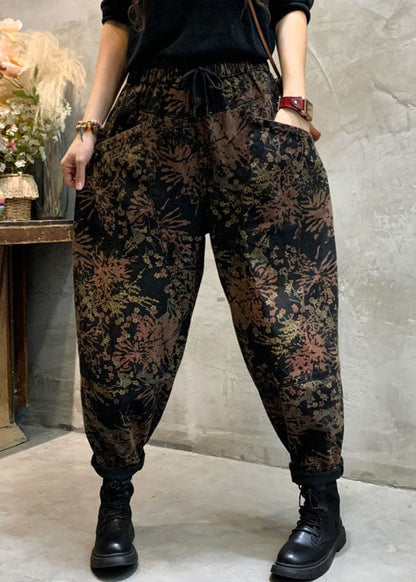 Fitted Black Cinched Print Denim Pants Winter