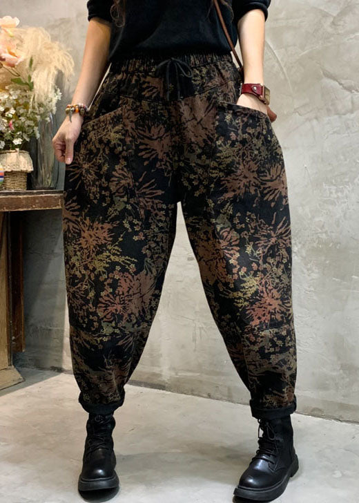 Fitted Black Cinched Print Denim Pants Winter