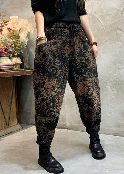 Fitted Black Cinched Print Denim Pants Winter