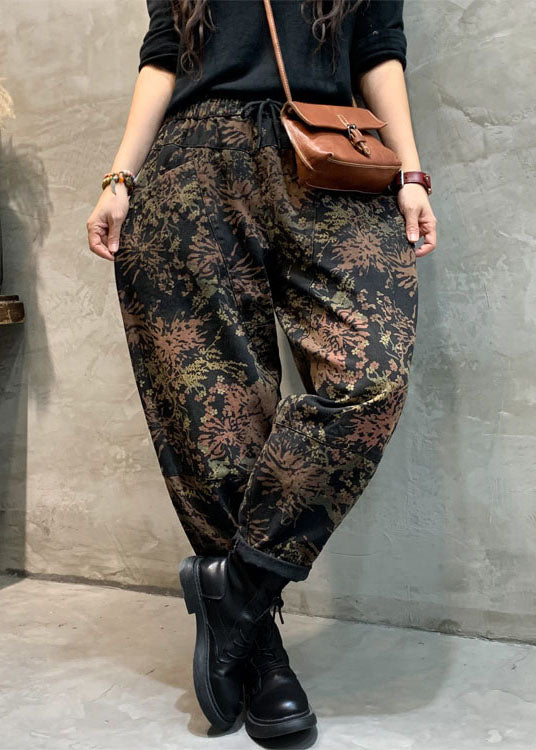 Fitted Black Cinched Print Denim Pants Winter
