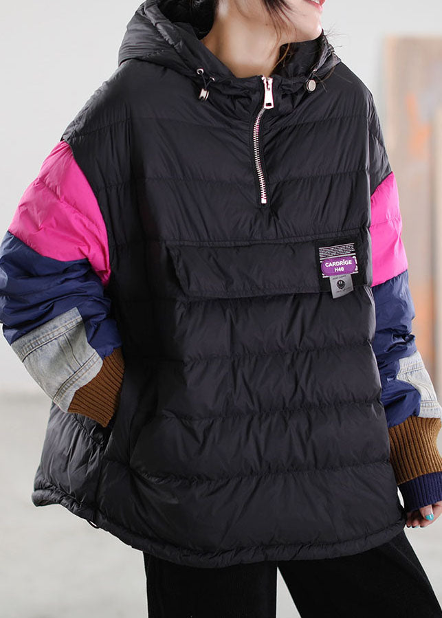 Fitted Black Hooded Patchwork Duck Down Winter Down Coat