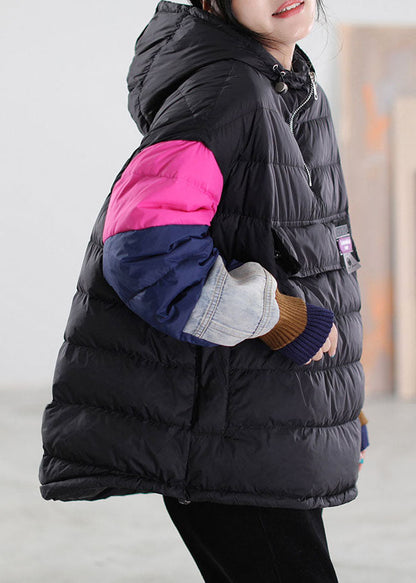 Fitted Black Hooded Patchwork Duck Down Winter Down Coat