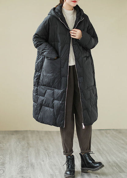 Fitted Black Loose Pockets Fine Cotton Filled Parka Winter