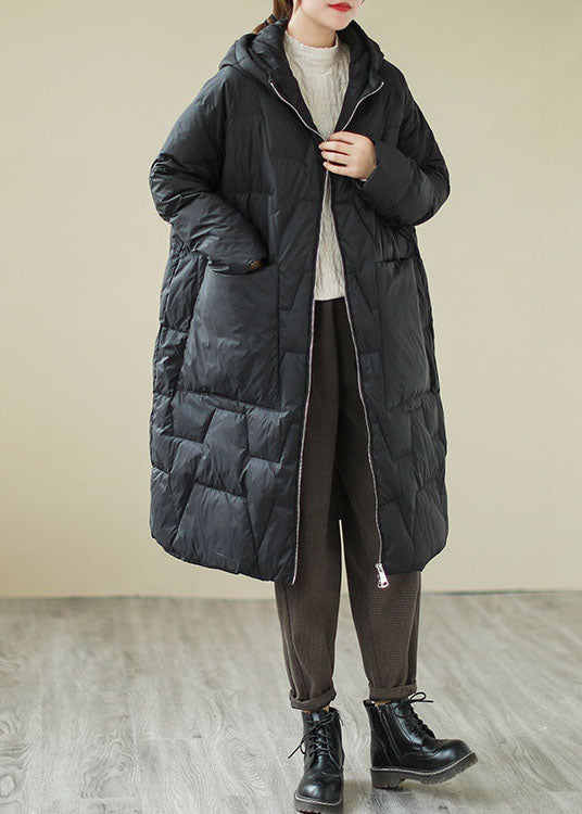 Fitted Black Loose Pockets Fine Cotton Filled Parka Winter