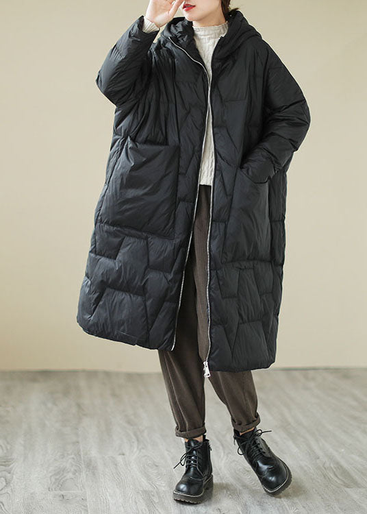 Fitted Black Loose Pockets Fine Cotton Filled Parka Winter