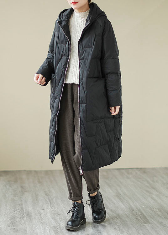 Fitted Black Loose Pockets Fine Cotton Filled Parka Winter