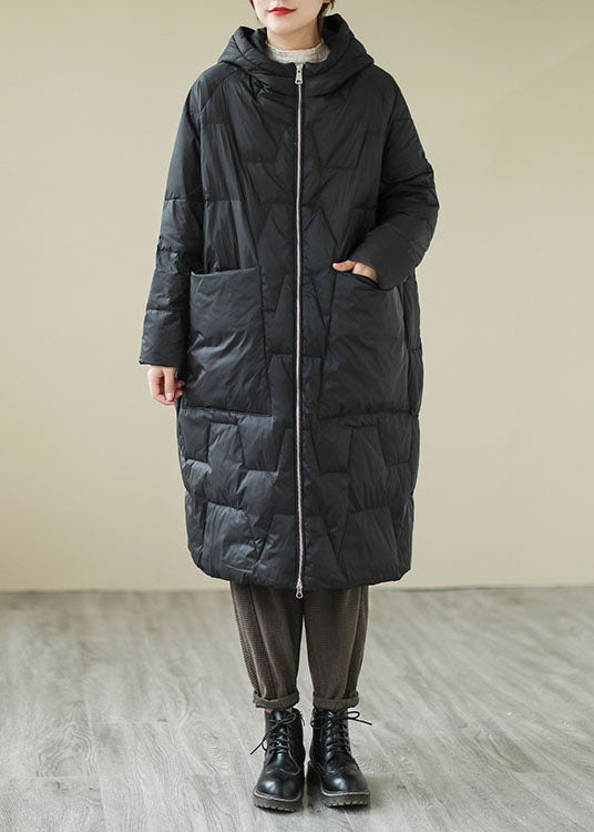 Fitted Black Loose Pockets Fine Cotton Filled Parka Winter