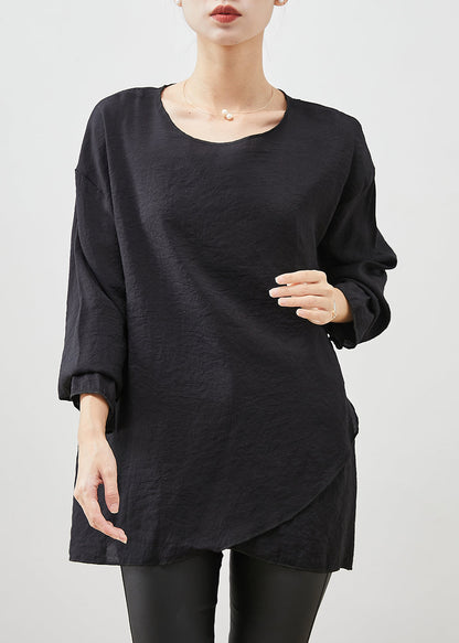 Fitted Black Oversized Asymmetrical Design Cotton Top Spring