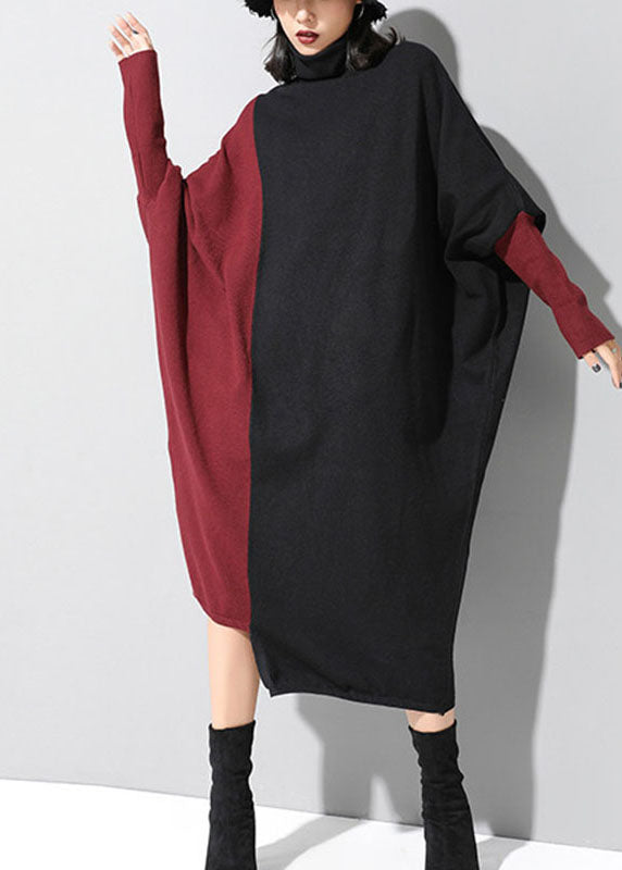 Fitted Black Patchwork Red Asymmetrical Design Fall Winter Sweater Dress