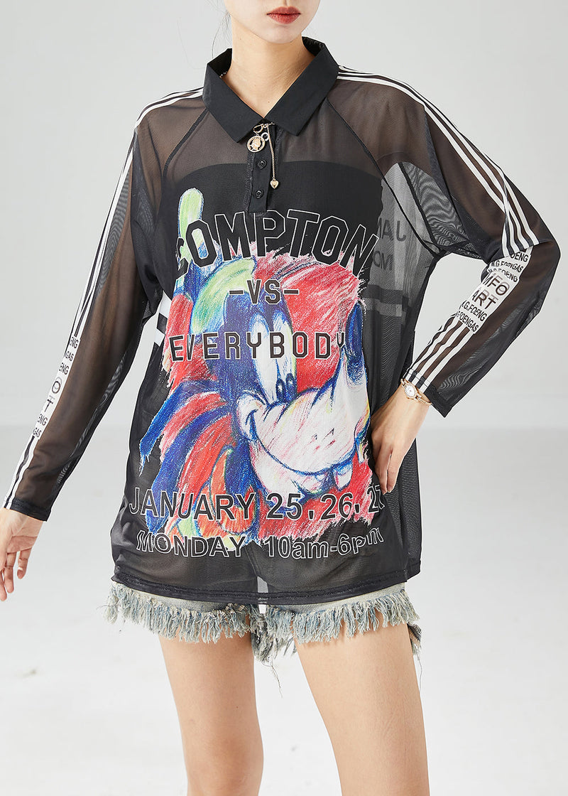 Fitted Black Peter Pan Collar Print Tulle Upf 50+ Shirt Summer