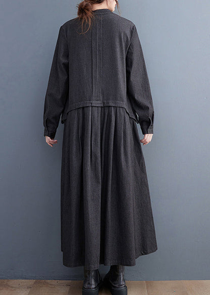 Fitted Black Stand Collar Exra Large Hem Denim a Line Dress Fall