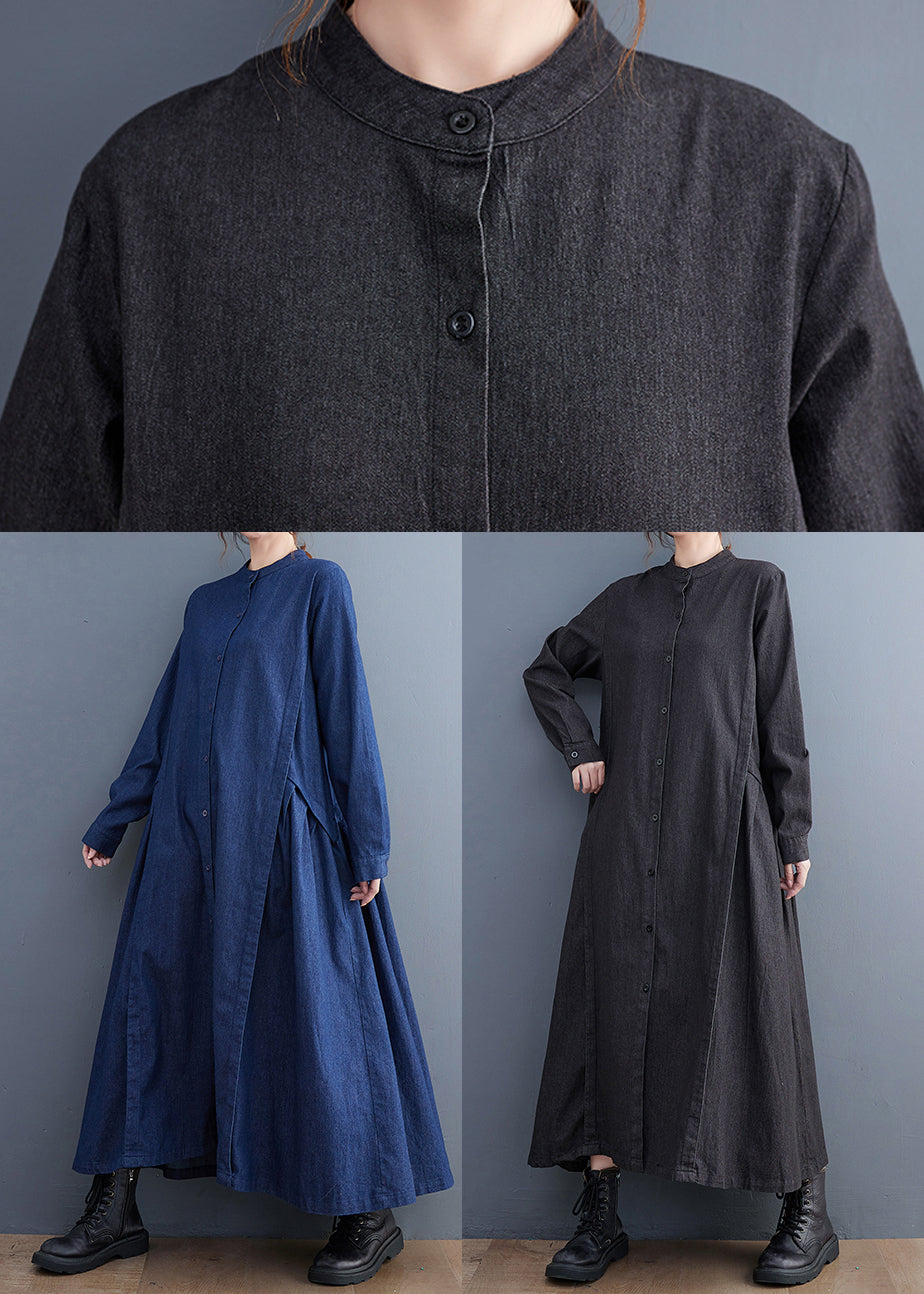 Fitted Black Stand Collar Exra Large Hem Denim a Line Dress Fall