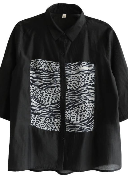 Fitted Black Striped Patchwork Blouses Half Sleeve Spring