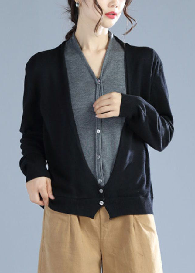 Fitted Black V Neck Knit Cardigan Winter