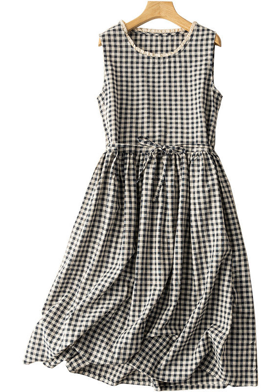 Fitted Black White Plaid O-neck Patchwork Tie Waist Maxi Dress Summer