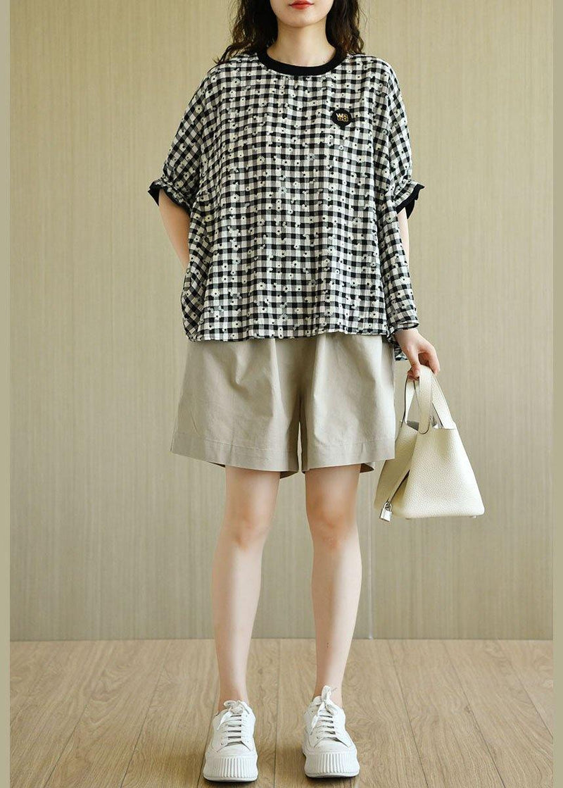 Fitted Black White Plaid O-neck Print Summer Top Half Sleeve