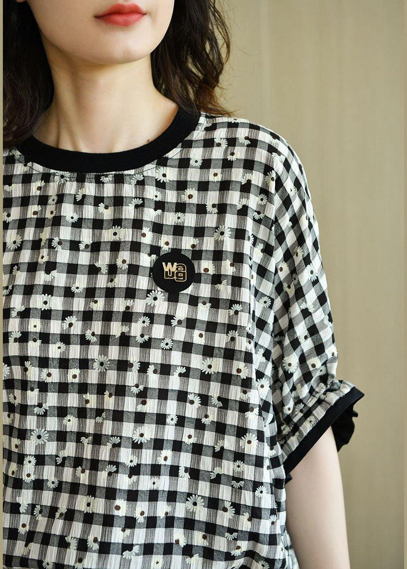 Fitted Black White Plaid O-neck Print Summer Top Half Sleeve