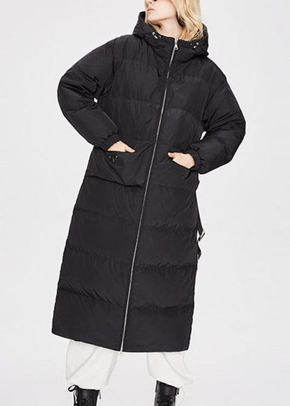 Fitted Black Hooded Pockets Thick Winter Duck Down Coat
