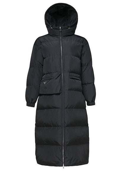 Fitted Black Hooded Pockets Thick Winter Duck Down Coat