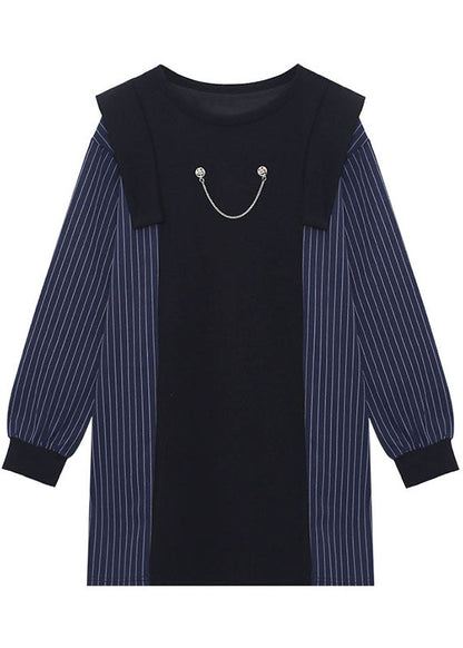 Fitted Blue O-neck Patchwork Striped Fall Dress Long Sleeve