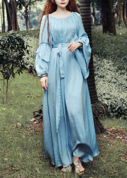 Fitted Blue O-neck Tie Waist Exra Large Hem Silk Long Dresses Petal Sleeve