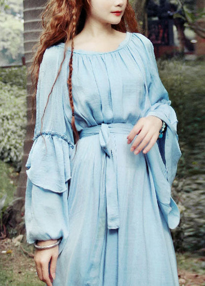 Fitted Blue O-neck Tie Waist Exra Large Hem Silk Long Dresses Petal Sleeve