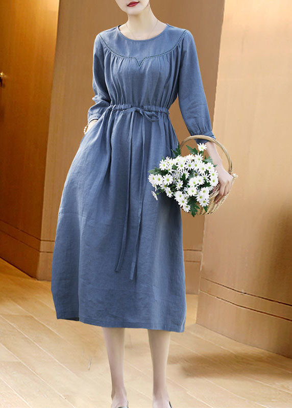 Fitted Blue O-neck Tie Waist Linen Vacation Dresses Bracelet Sleeve