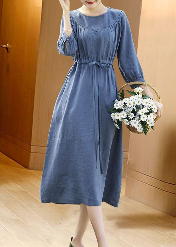 Fitted Blue O-neck Tie Waist Linen Vacation Dresses Bracelet Sleeve