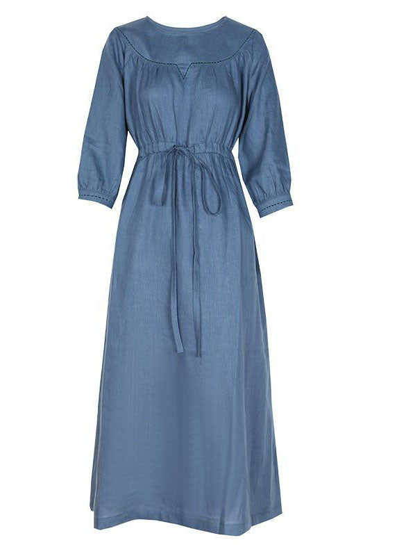 Fitted Blue O-neck Tie Waist Linen Vacation Dresses Bracelet Sleeve