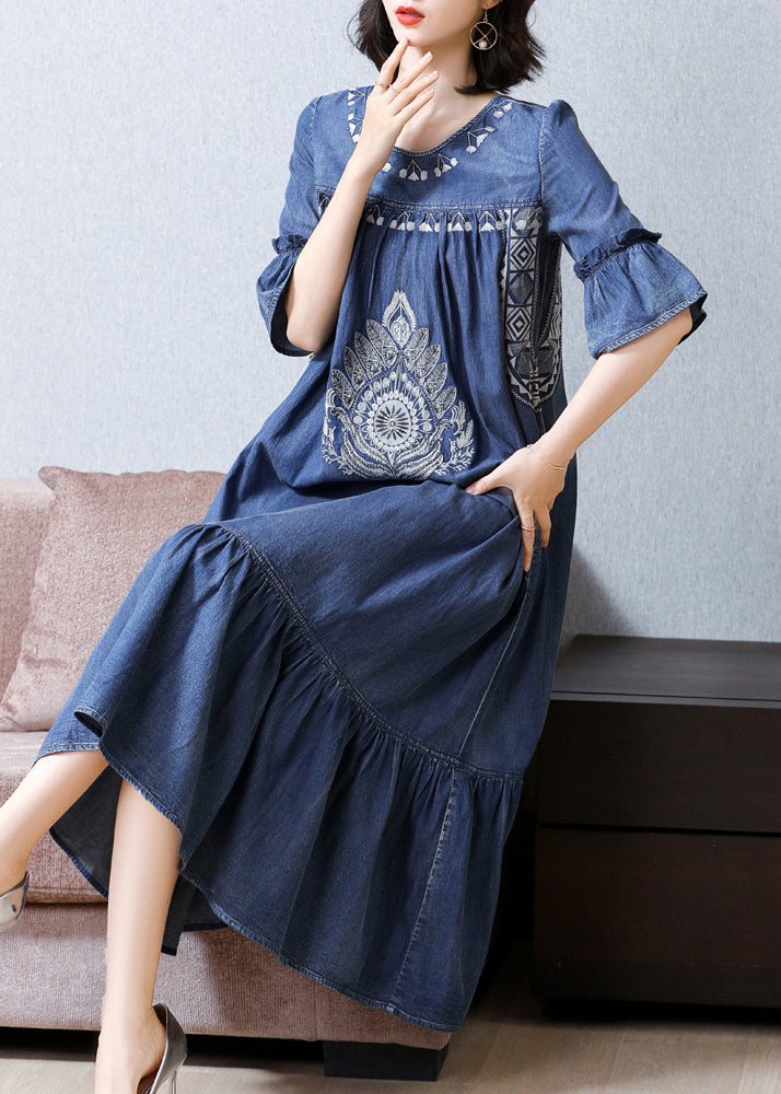 Fitted Blue O-neck Wrinkled Embroideried Cotton Denim Dress Short Sleeve