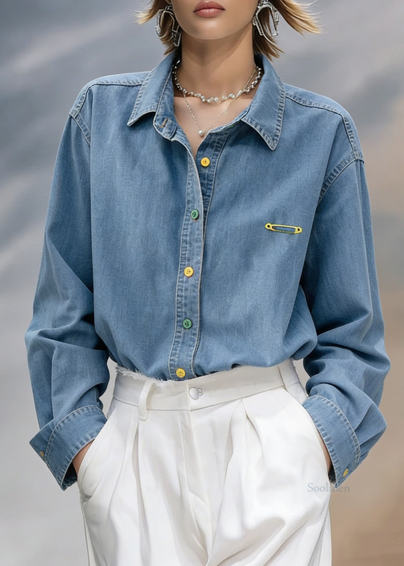 Fitted Blue Peter Pan Collar Denim Shirt Lantern Sleeve