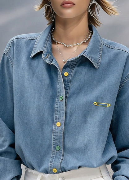 Fitted Blue Peter Pan Collar Denim Shirt Lantern Sleeve