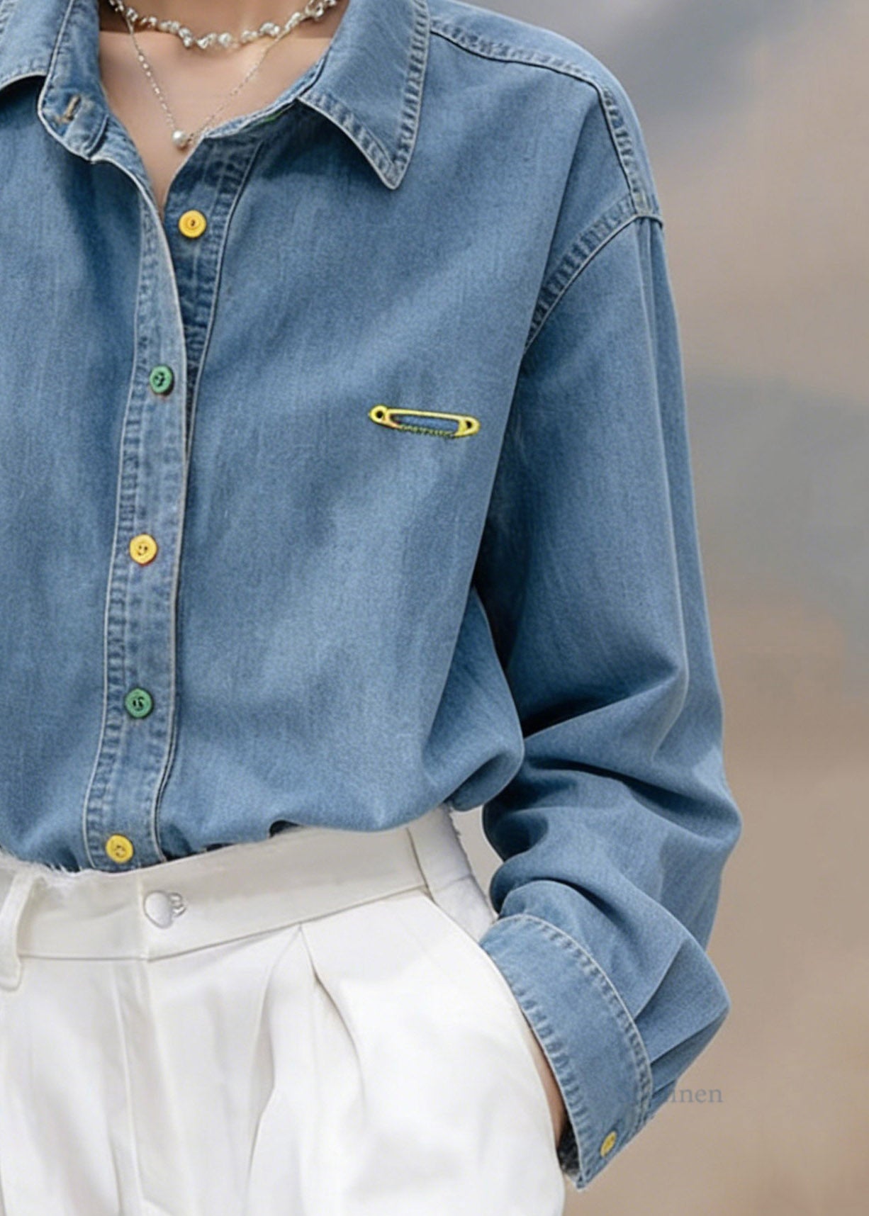 Fitted Blue Peter Pan Collar Denim Shirt Lantern Sleeve