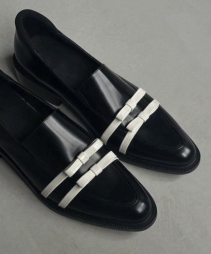 Fitted Bow Splicing Chunky Black Cowhide Leather Pointed Toe