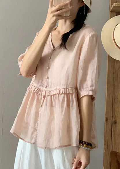 Fitted Champagne Colour V Neck Ruffled Button Linen Shirts Half Sleeve