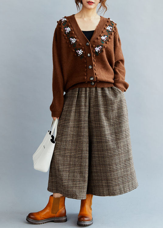 Fitted Chocolate Embroideried Button Knit Sweaters Coat Winter