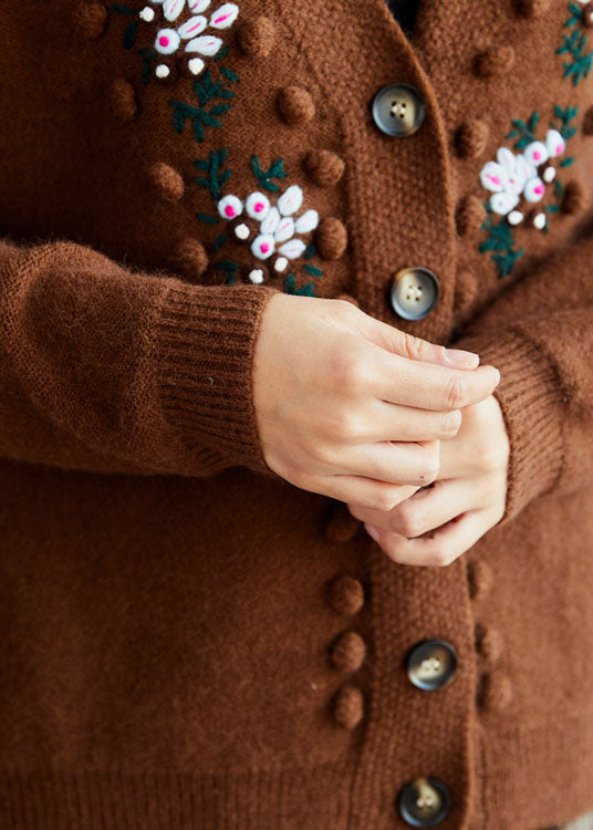 Fitted Chocolate Embroideried Button Knit Sweaters Coat Winter