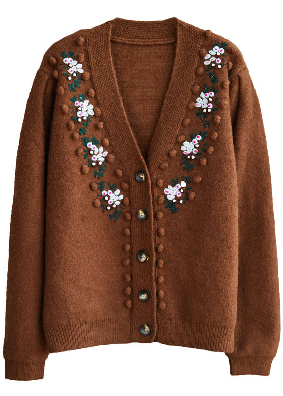 Fitted Chocolate Embroideried Button Knit Sweaters Coat Winter