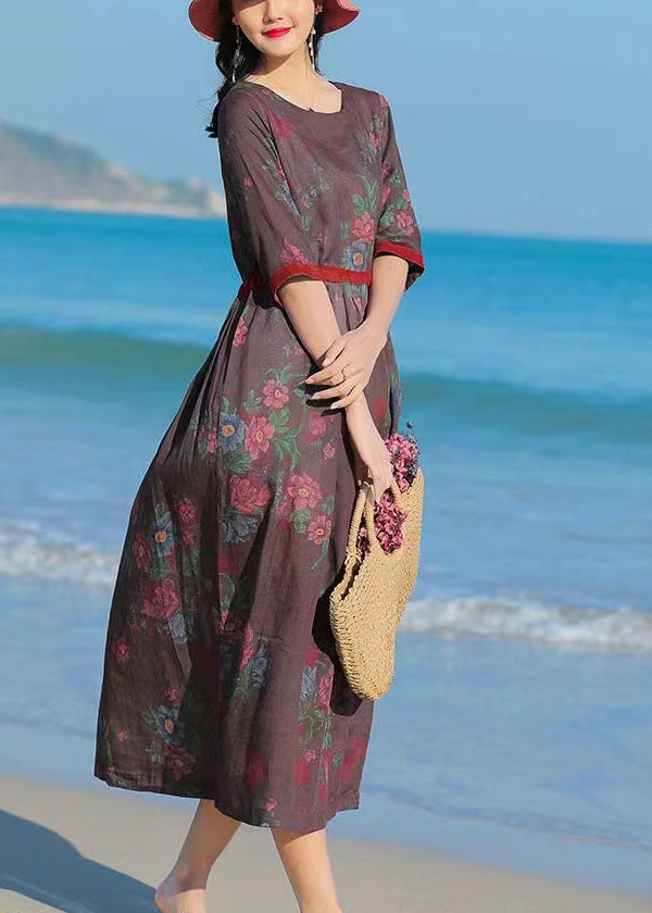Fitted Chocolate O-neck Tie Waist Patchwork Print Linen Dress Half Sleeve
